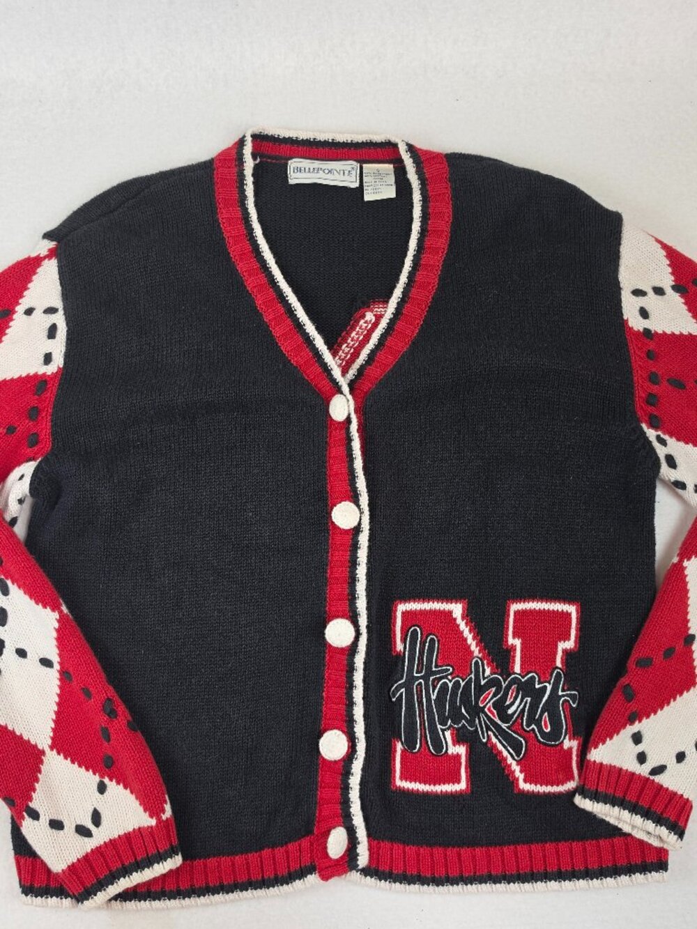 VINTAGE Bellepointe Red Black Argyle Letterman Cardigan Sweater Small
